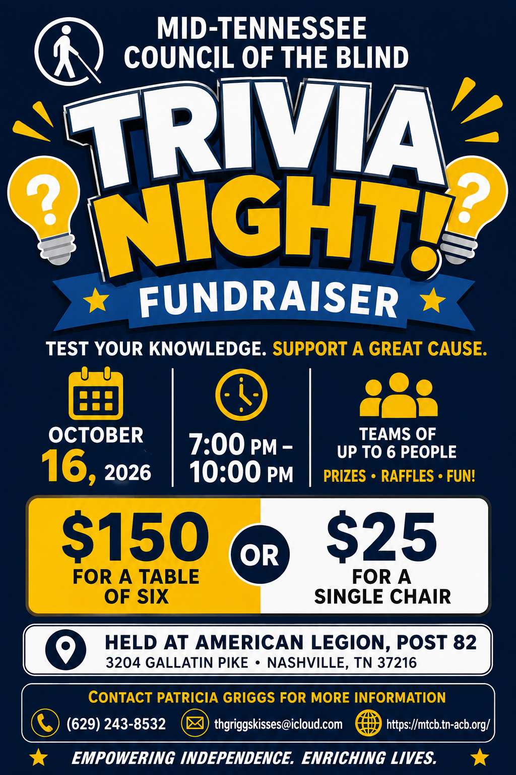 Middle Tennessee Council of the Blind, trivia night fundraiser. Tables and seats available, see event page for more info. Click for event page.